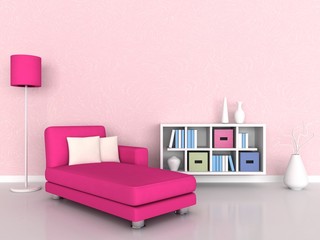 Interior of the modern room, pink wall and pink sofa