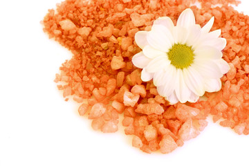 Flower and bath salt on white background