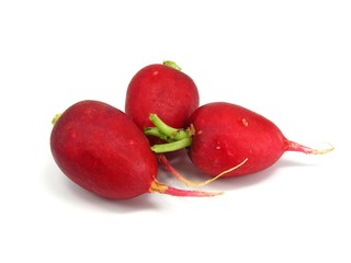 A selection of radishes isolated on a white background