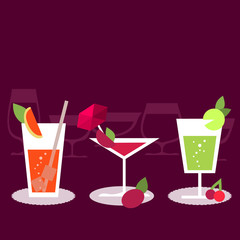 Set of three different stylized cocktails on dark background