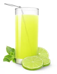 Crédence de cuisine en verre imprimé Jus Isolated drink. Glass of lime juice and mint leaf isolated on white background