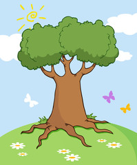 Paysage de dessin animé avec arbre et papillon
