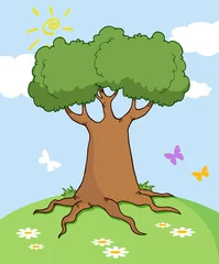 Photo sur Plexiglas Papillon Paysage de dessin animé avec arbre et papillon
