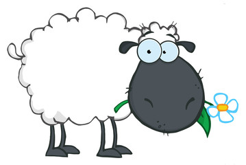 Fototapeta premium Black Sheep Cartoon Character Eating A Flower