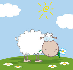Obraz na płótnie Canvas White Sheep Cartoon Character Eating A Flower On A Meadow