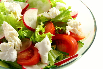 Salad of lettuce, vegetables and mozzarella.