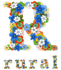 Letter R and word rural floral; vector.