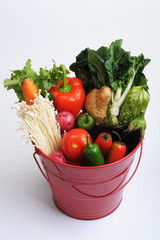Red Bucket of Vegetables.