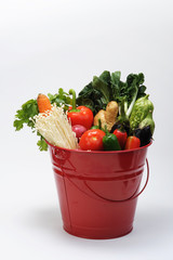 Red Bucket of Vegetables.
