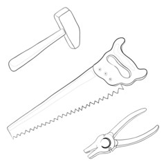 Hammer, saw, pliers, contours