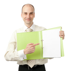 businessman pointing on blank sheet in his folder