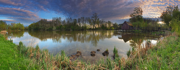 Spring landscepe with watermill - panorama