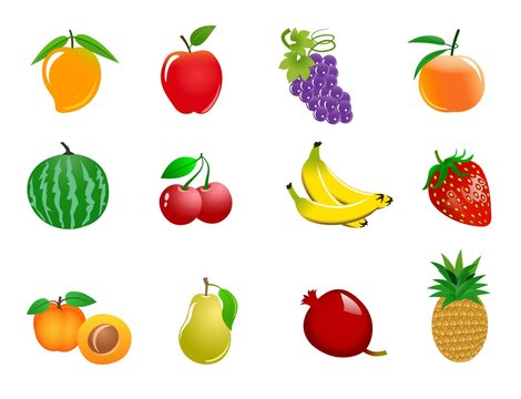 An illustration of different colorful fruit icons