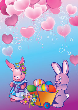 Two bunnies with easter eggs. Place for your text.