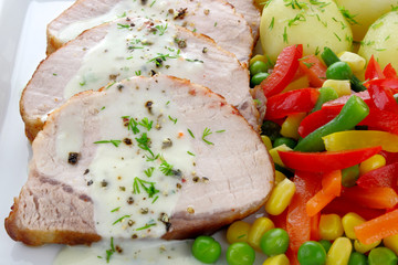 Pork meat with vegetables and sauce