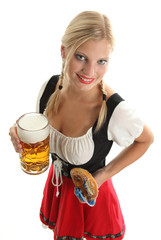 Woman with beer mug and pretzel