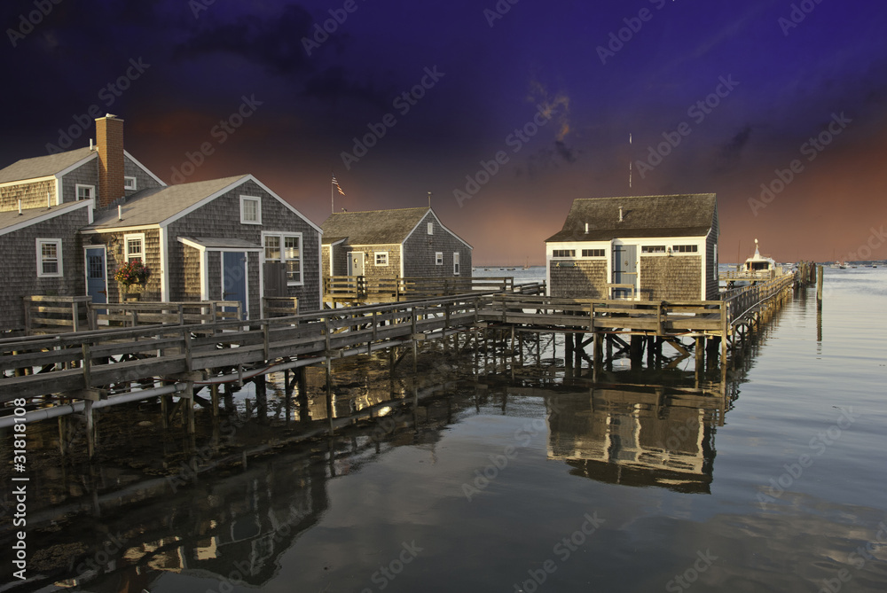 Sticker Homes over Water in Nantucket at Sunset, Massachusetts