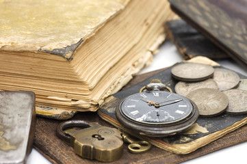 Old book and pen as background