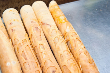 Row of Thai style Dessert,omelet with sausage,a chili sauce and