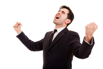 Young business man rejoicing after success, isolated on white