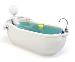 3d man taking a bath with a swimming duck
