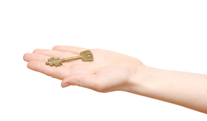 old key in hand woman isolated on white background