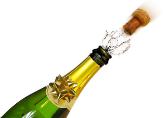 Bottle of champagne with splashes and cork