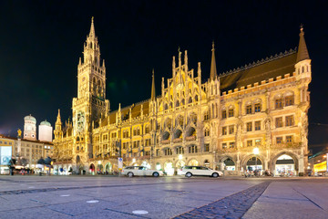 Munich city hall and the Marienplatz square at night