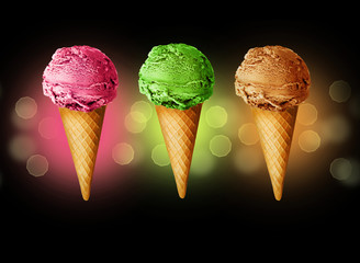 Ice Cream cones over black