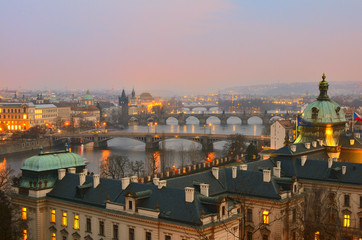 View on Prague bridges at sunset