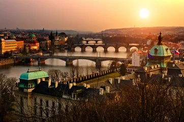 Acrylic prints Charles Bridge Panoramic view on Charles bridge and sunset Prague lights.