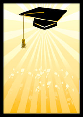 Graduation mortar card in yellow spotlight.