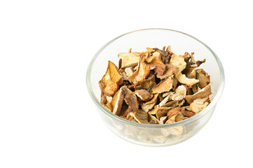 dried white mushroom in glass ware
