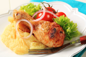 Roast chicken leg and mashed potato