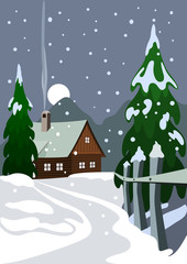 Fototapeta premium Illustration of house in snow forest