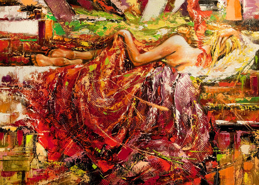 The sleeping girl drawn by oil on a canvas