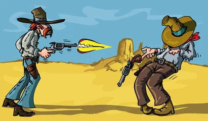 Deurstickers Wilde Westen Cartoon cowboy schietpartij