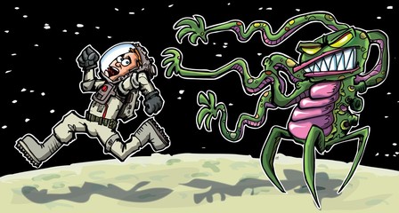 Cartoon astronaout running from an alien