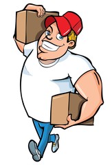 Cartoon of burly delivery man carrying two boxes