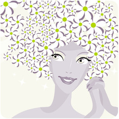 portrait of a beautiful woman with flying flower hair