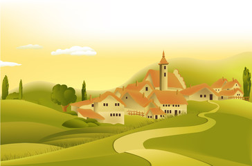 Naklejka premium Rural landscape with little town