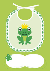 Baby card announcement with bib and frog