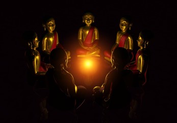 Meditation im Kreis der Sieben Buddhas bei Nacht