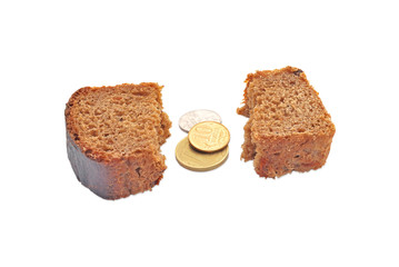 A piece of bread and a coin.
