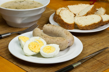 Eggs and white sausages for Easter breakfast