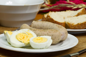 Eggs and white sausages for Easter breakfast