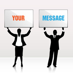 business people lifting blank sign