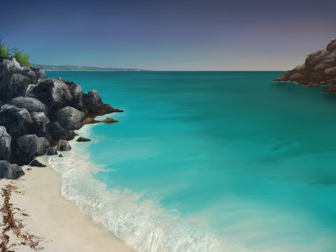 digital painting of an aquamarine ocean bay