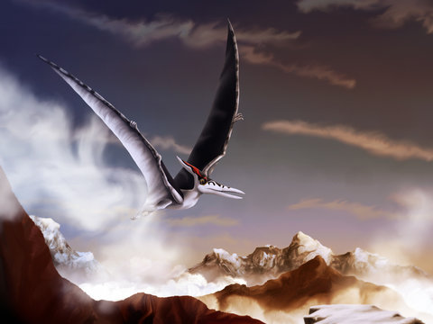 digital painting of a pterodactyl flying over mountain peaks