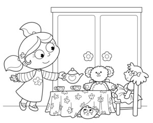 Bambina che gioca a servire il te alle bambole